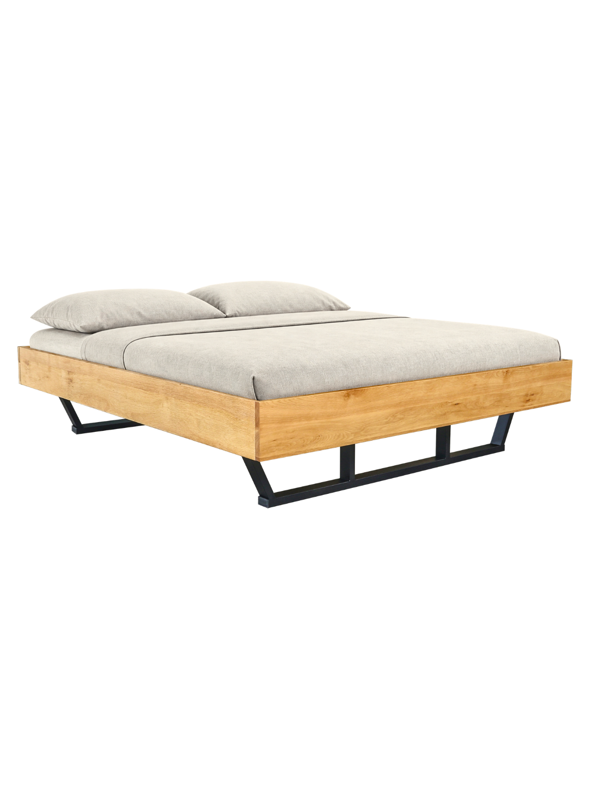 Massivholzbett Metall Light aus Eiche ohne Kopfteil mit schwarzen Metall-Kufenbeinen als Doppelbett