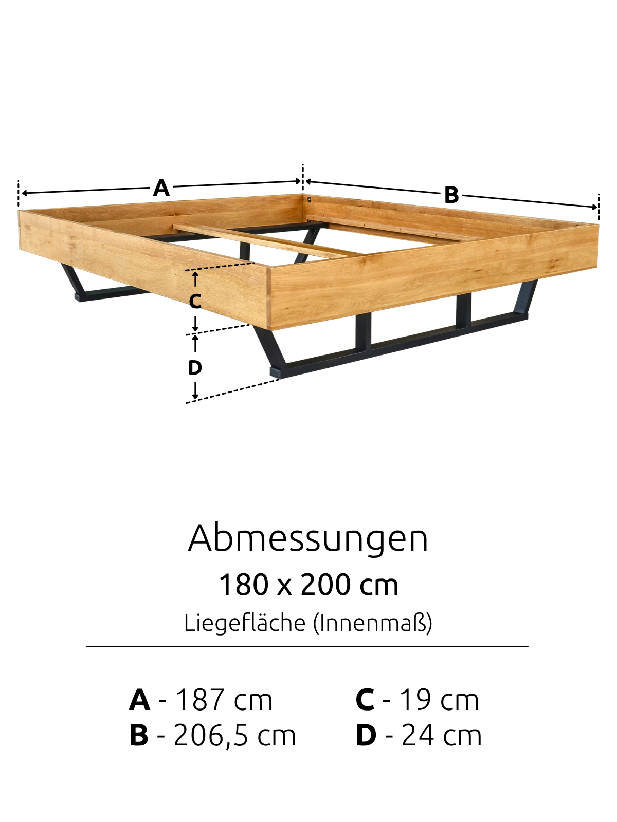 Maßzeichnung des Massivholzbetts Metall Light mit Liegefläche 180 x 200 cm und Rahmen 206,5 x 187 cm