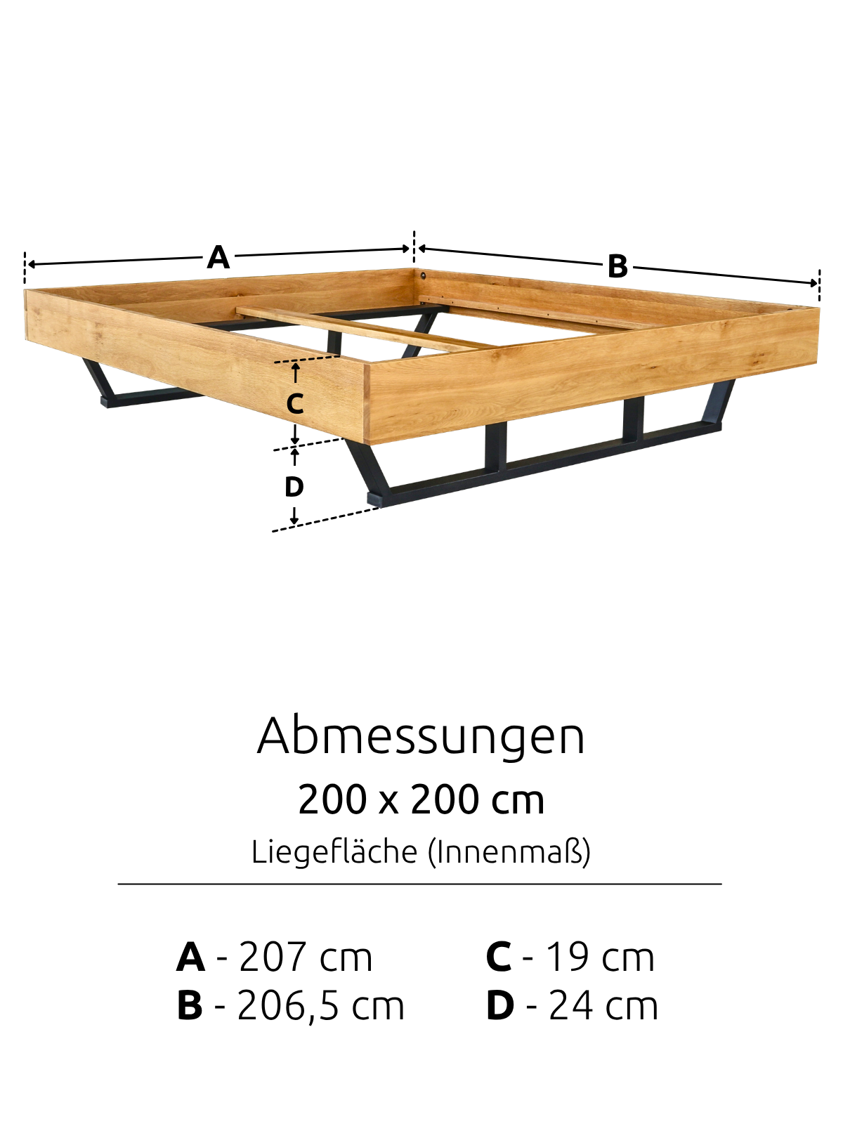 Maßzeichnung des Massivholzbetts Metall Light mit Liegefläche 200 x 200 cm und Rahmen 206,5 x 207 cm
