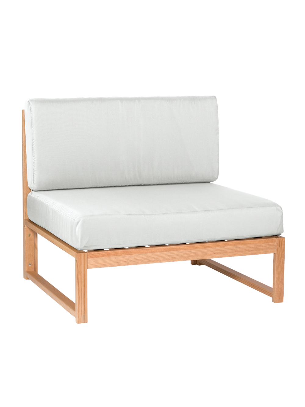 Einzelnes Mittelmodul der Gartenlounge aus Eiche mit cremeweißen Polstern ohne Armlehnen, freigestellt