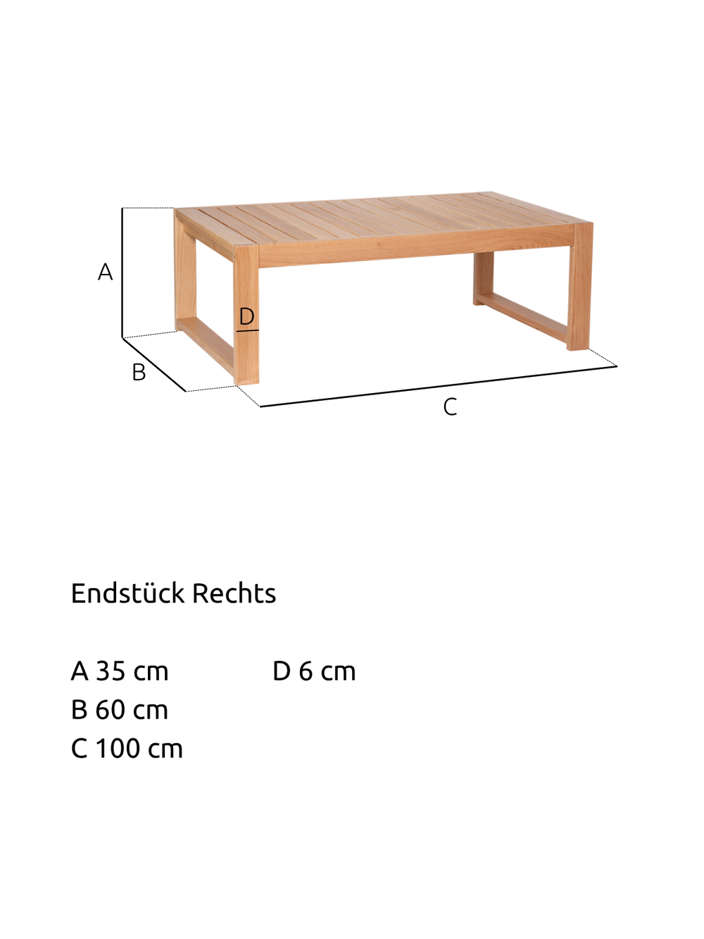 Maßzeichnung des Gartenlounge-Tisches aus Eiche mit 100 cm Länge, 60 cm Breite und 35 cm Höhe