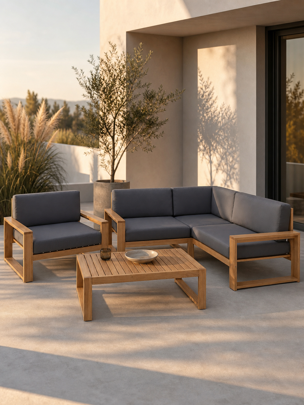 Gartenlounge Eiche Ecke + Sessel - Anthrazit