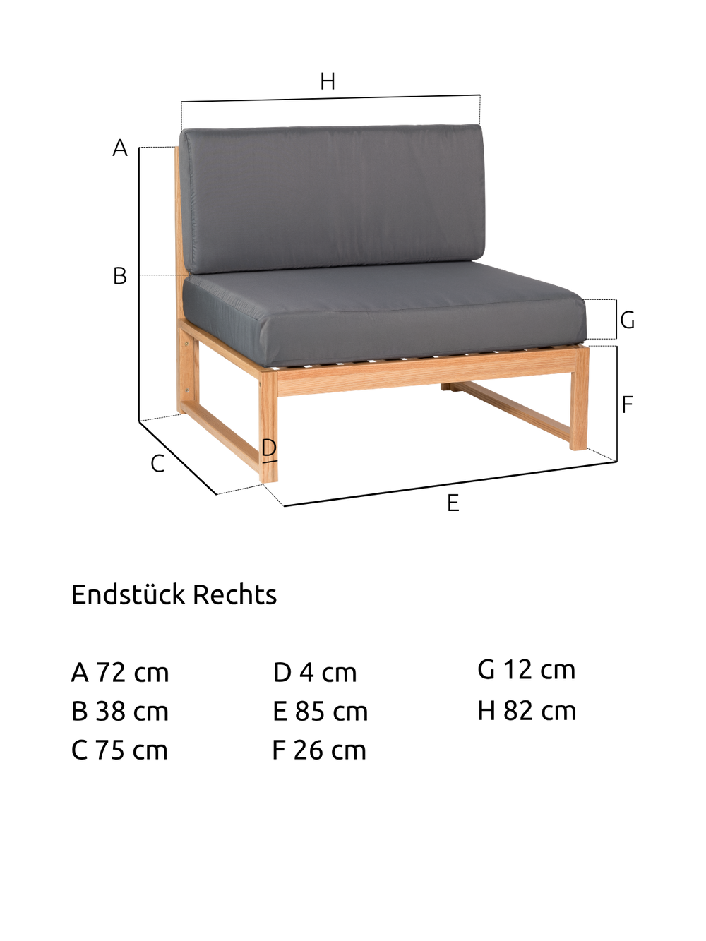 Maßzeichnung des Gartenlounge-Mittelstücks aus Eiche mit 85 cm Breite, 75 cm Tiefe und 72 cm Höhe