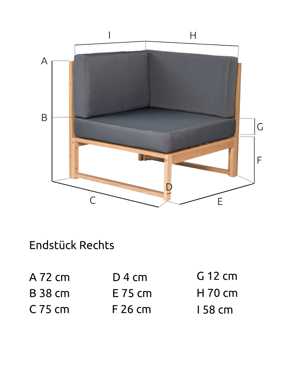 Maßzeichnung des Gartenlounge-Eckstücks aus Eiche mit 75 cm Breite, 58 cm Tiefe und 72 cm Höhe