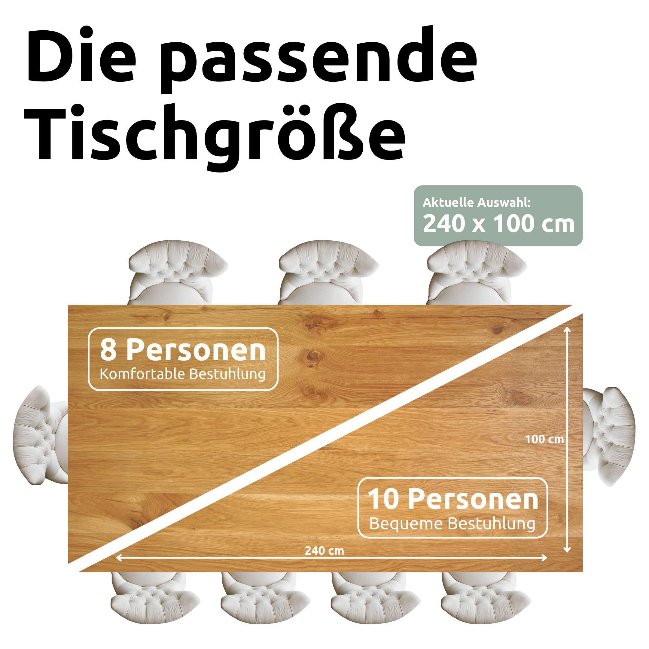 Tischplatte 240cm x 100cm mit Baumkante aus massiver Eiche