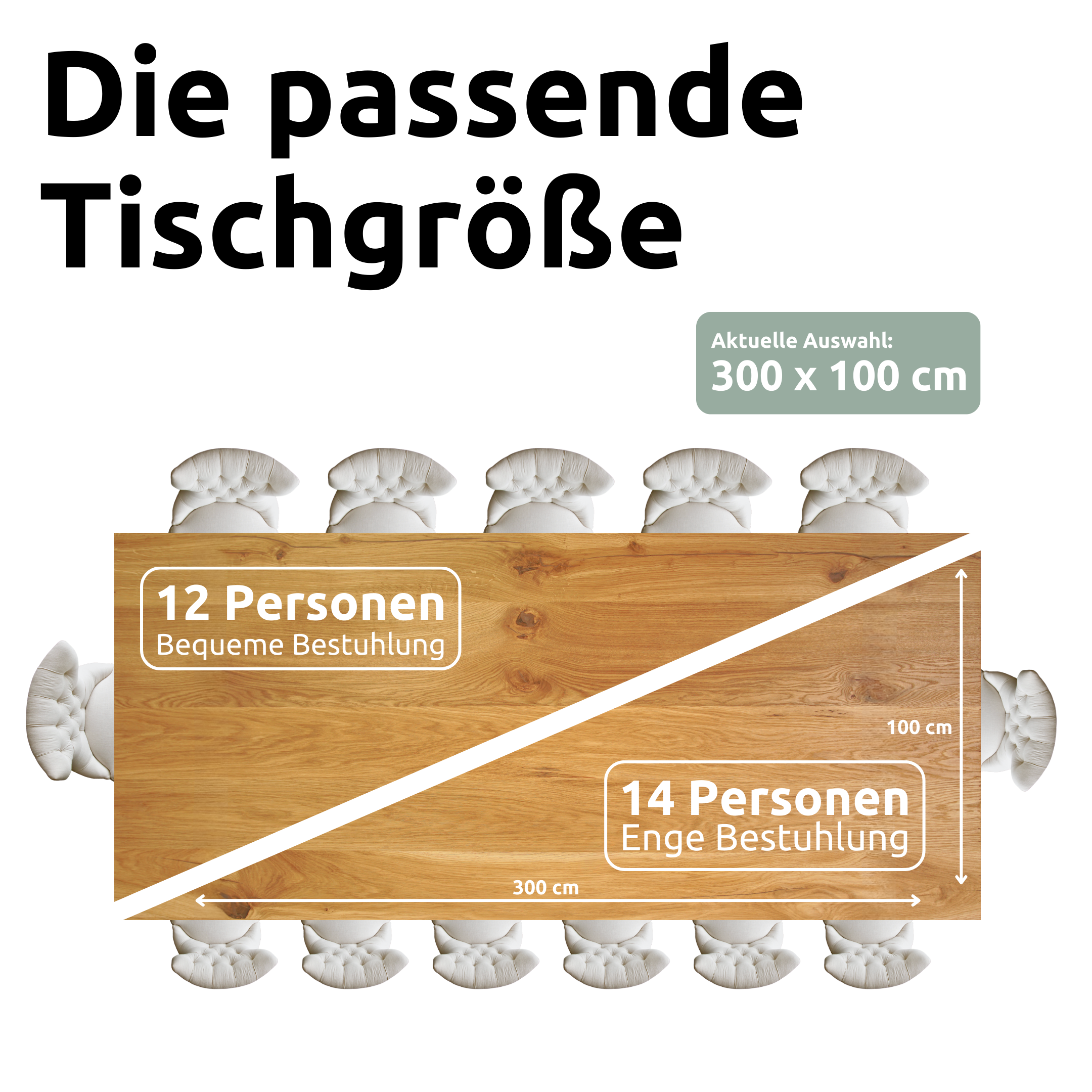 Tischplatte 300cm x 100cm ohne Baumkante aus massiver Eiche