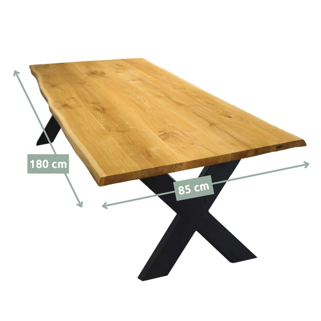 Tischplatte mit Baumkante aus massiver Eiche inkl. X-Tischbeine