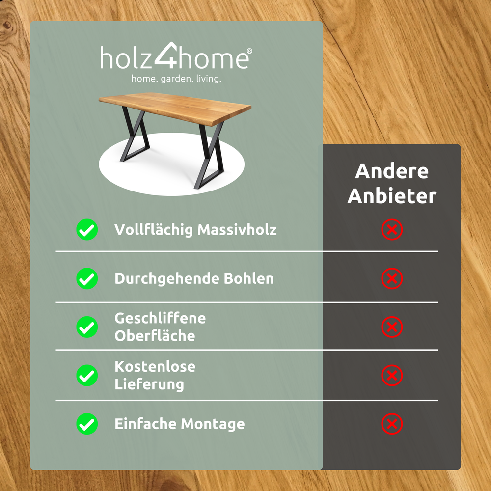 Kleiner Massivholztisch mit Baumkante 160cm  x 80cm Doppel-Dreieck Gestell