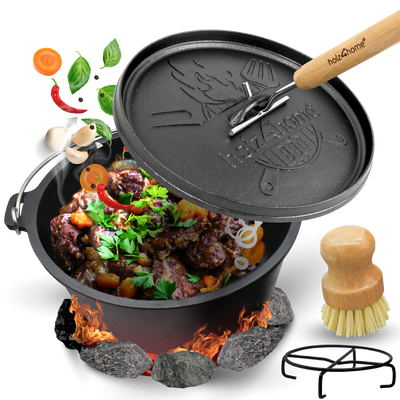 Dutch Oven ohne Füße I eingebrannter Feuertopf aus Gusseisen I inkl. Deckelheber, Topfständer und Reinigungsbürste