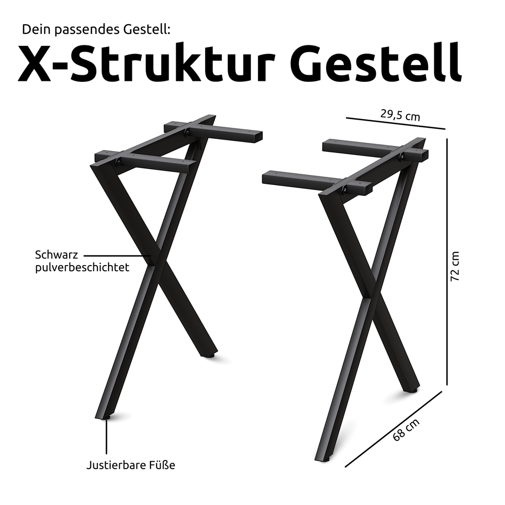 Kleiner Massivholztisch mit Baumkante 160cm  x 80cm X-Struktur Gestell