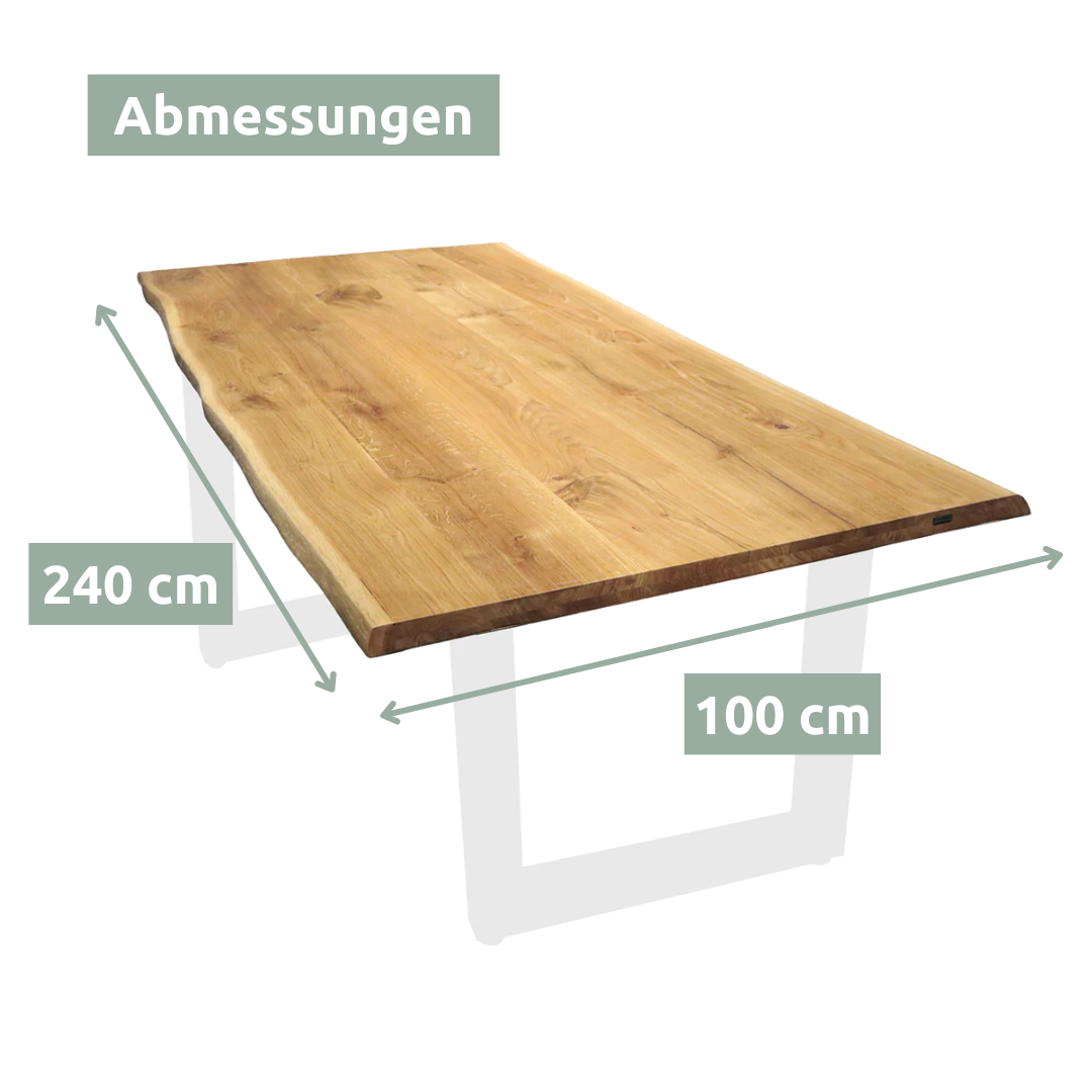 Massivholz Tischplatte aus Eiche mit Baumkante und Aufdopplung am Rand