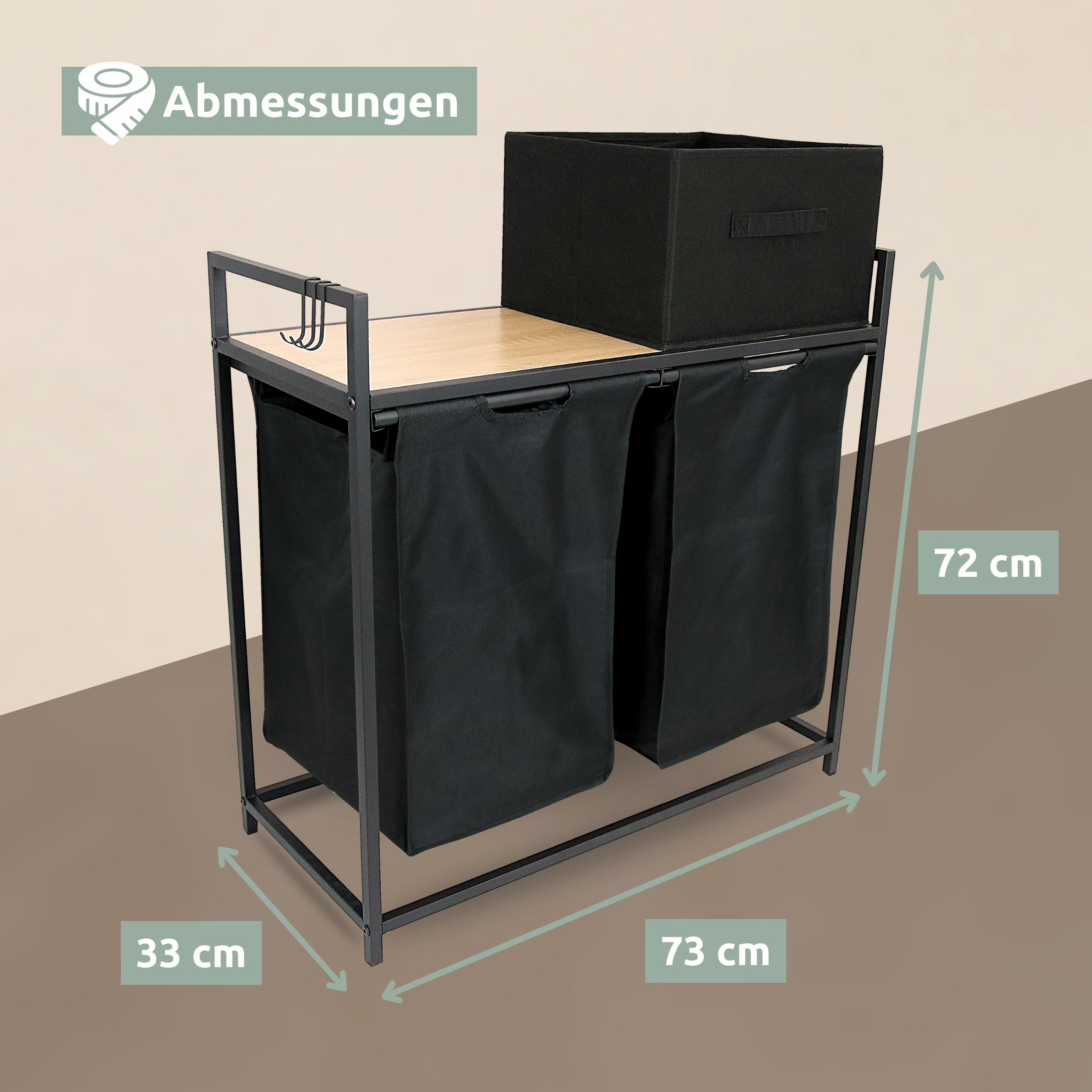 Wäschekorb 2 Fächer 92 Liter ausziehbar mit Aufbewahrungsbox