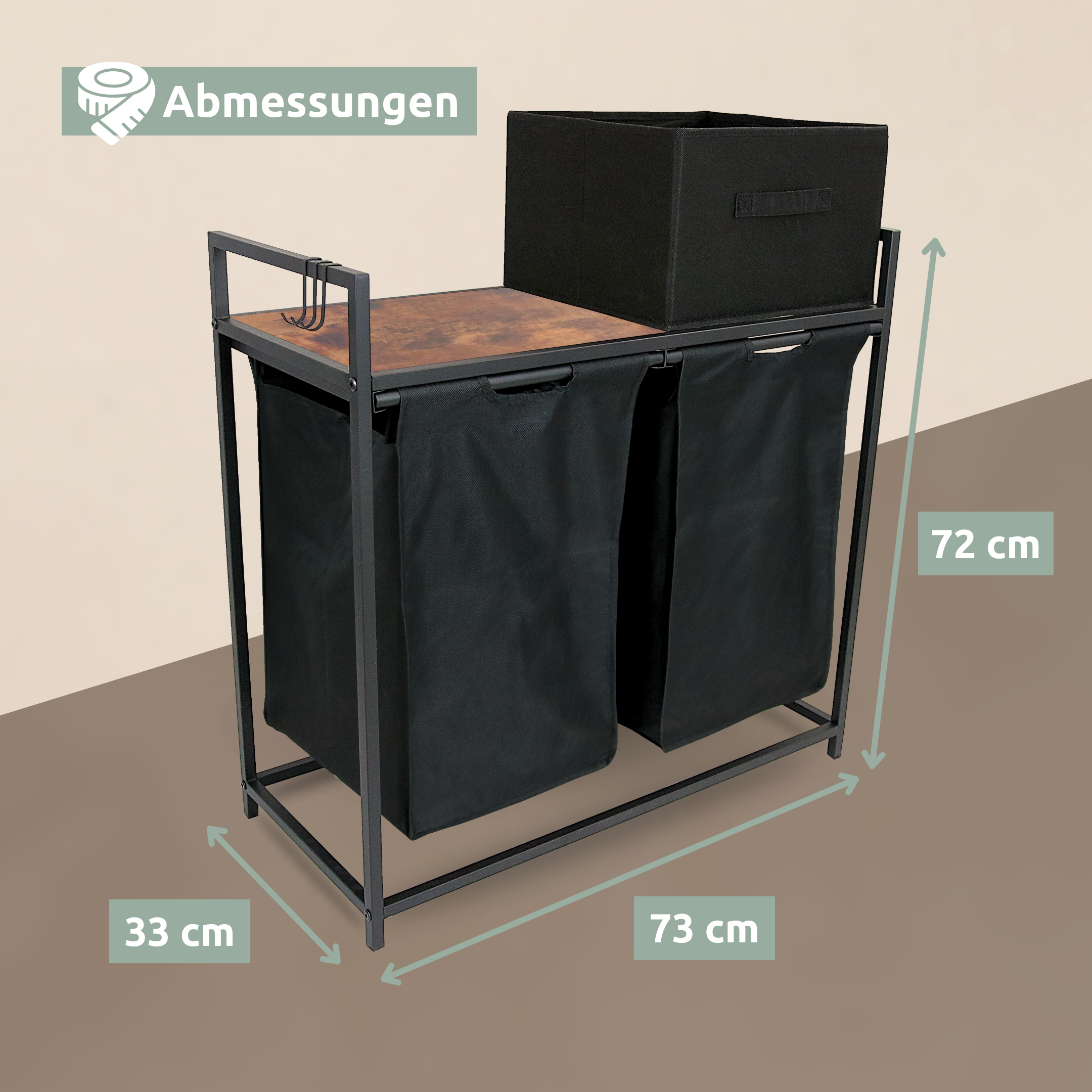 Wäschekorb 2 Fächer 92 Liter ausziehbar mit Aufbewahrungsbox