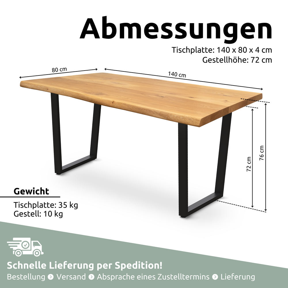 Kleiner Massivholztisch mit Baumkante 140cm  x 80cm Trapez Gestell