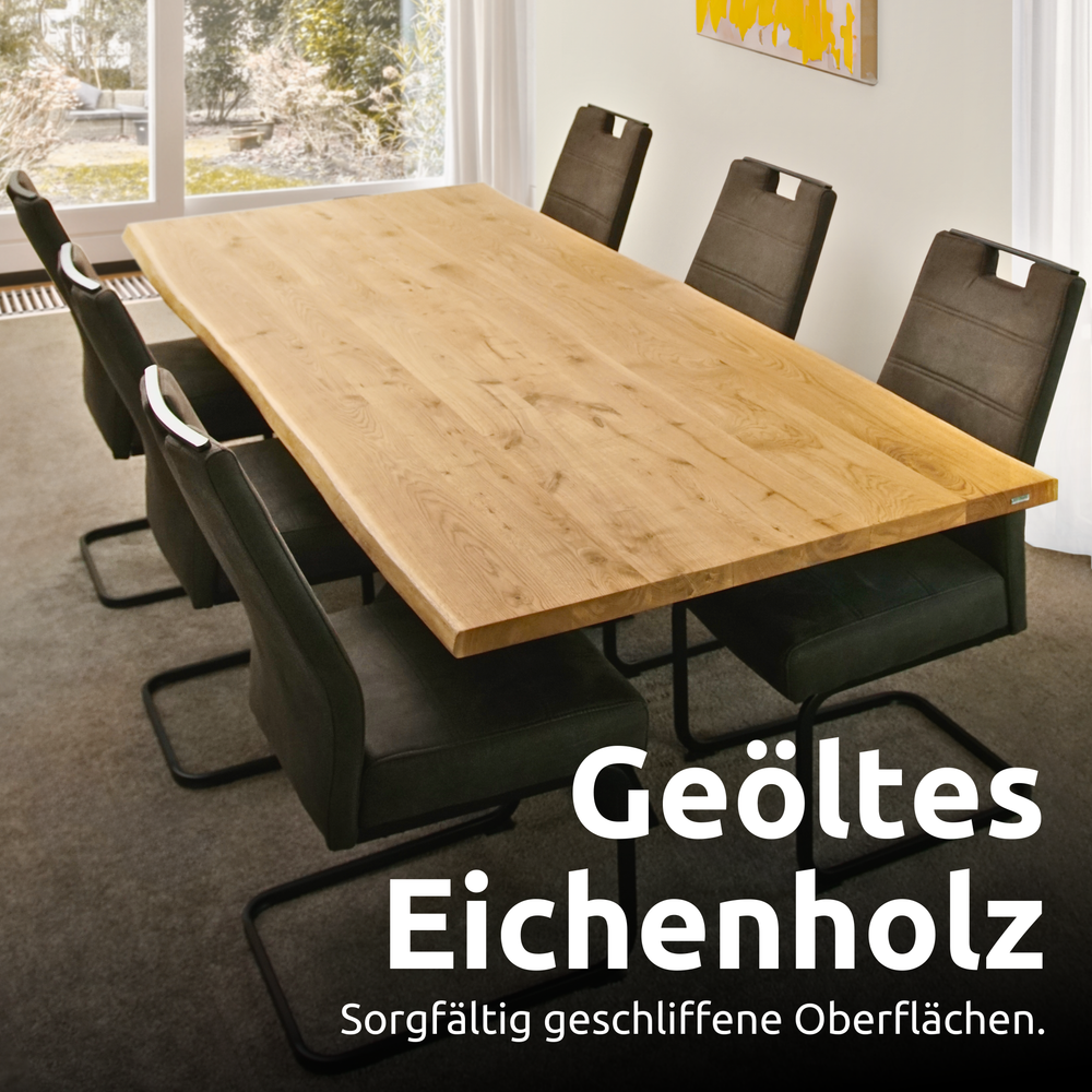 Kleiner Massivholztisch mit Baumkante 140cm  x 80cm Trapez Gestell